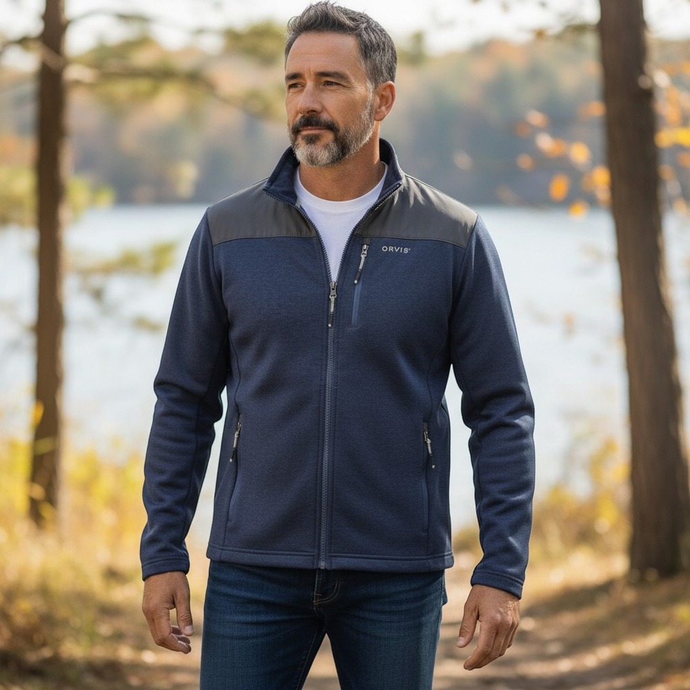 Orvis Mens Full Zip Fleece Jacket Navy Blue Grey Sz Medium Fishing Outdoors